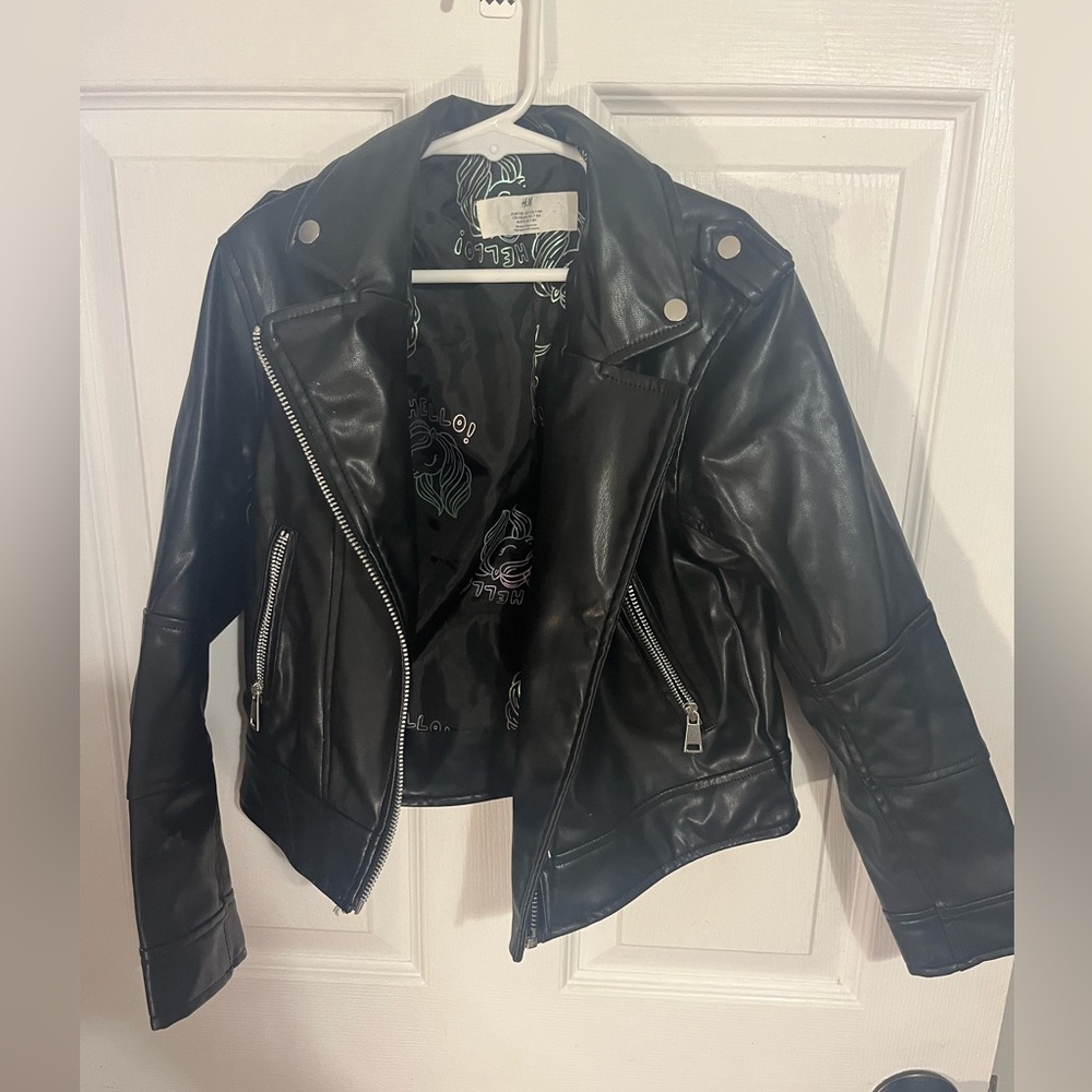 Kids H&M Leather Coat Size 7/8 with unicorn interior
